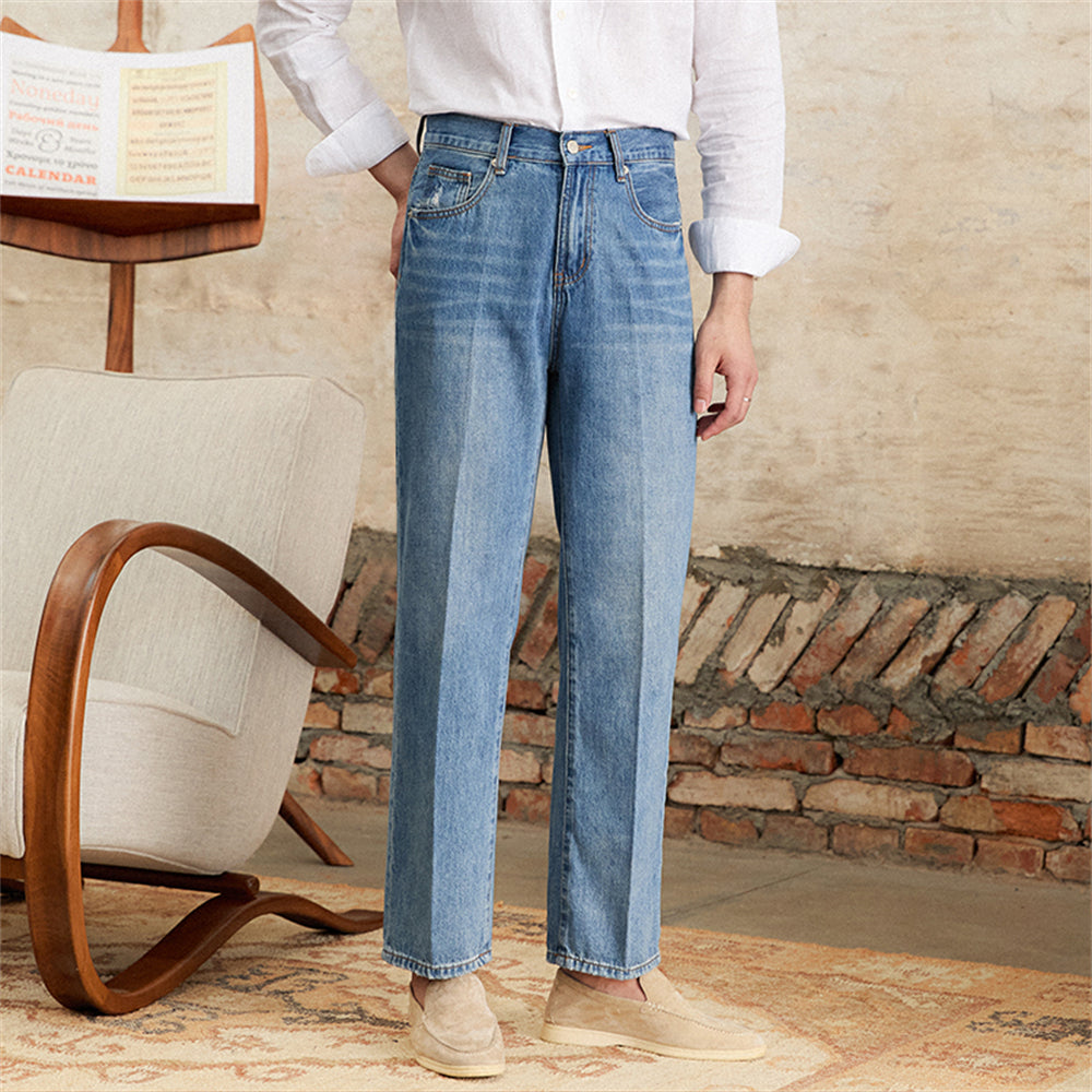 Alassio Cotton Denim Pleated Straight Fit Trousers