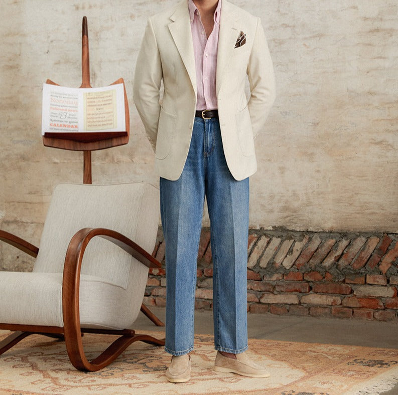 Alassio Cotton Denim Pleated Straight Fit Trousers