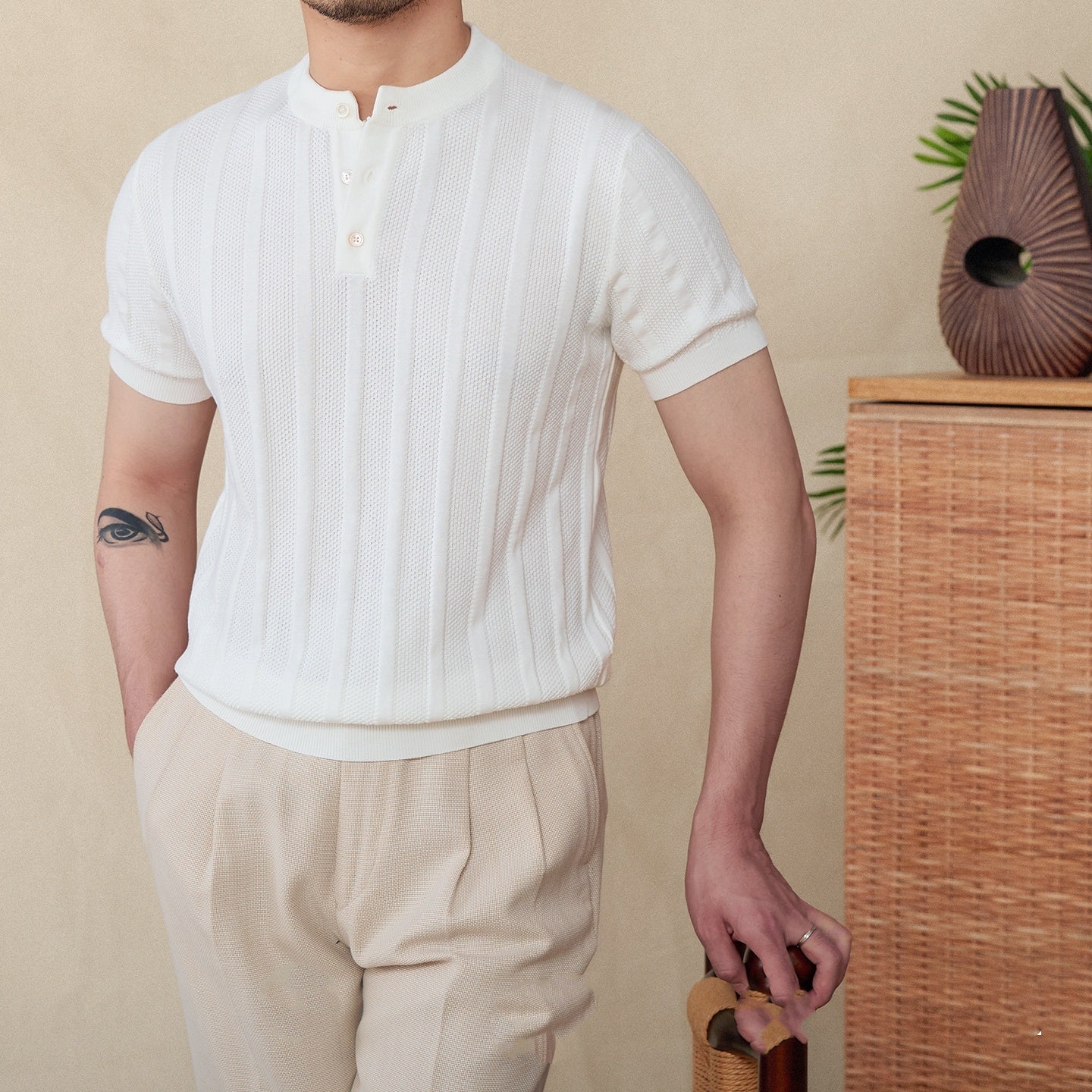 Pleated Antalya Cotton Henley T-Shirt