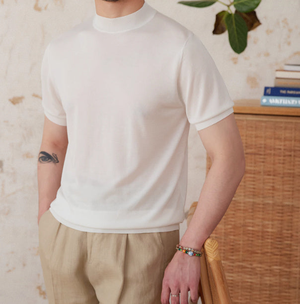 Basic Mock Neck Silk Blend Knit T-Shirt