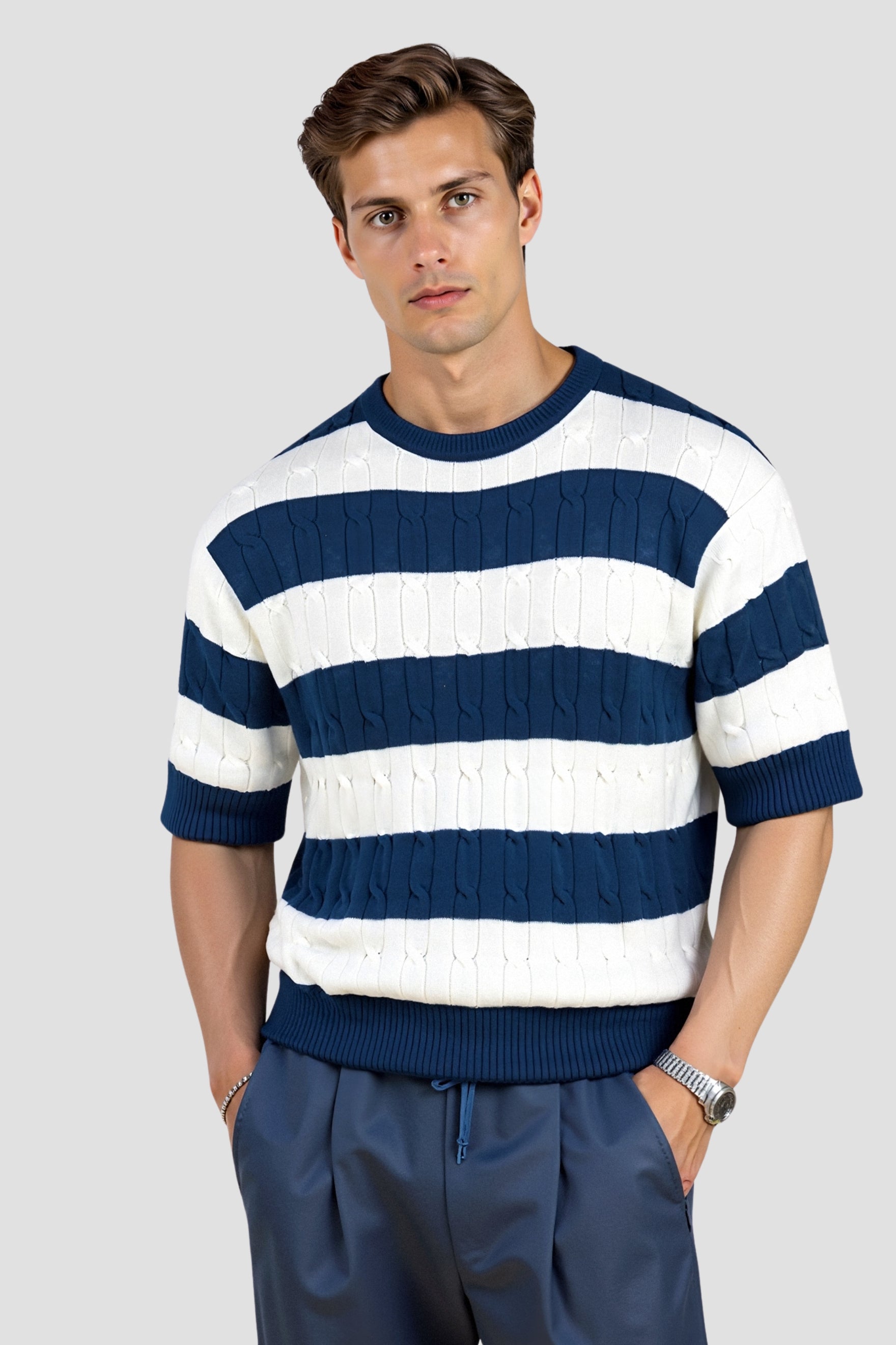 NOBA Crew Neck Cable Knit Striped T-Shirt