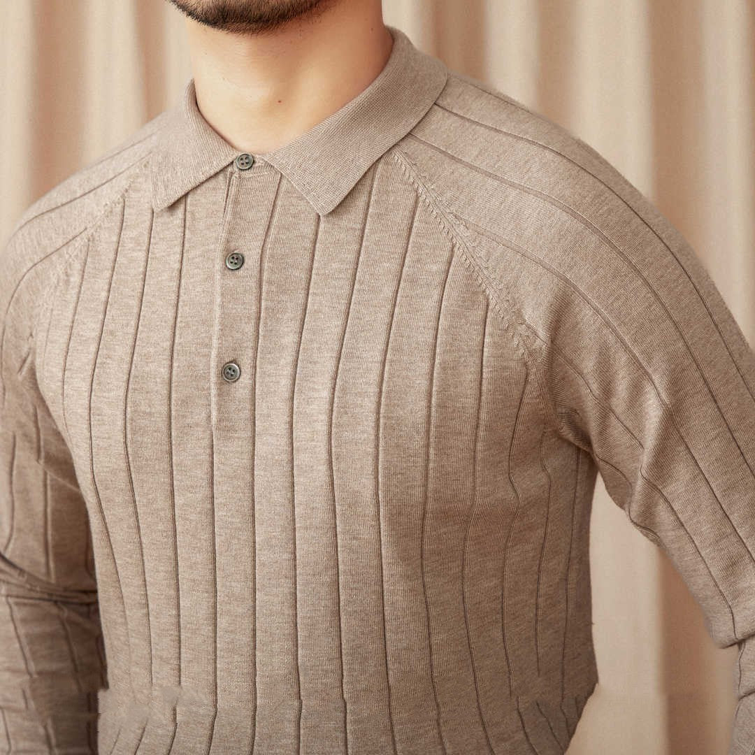 Rome Pleated Wool Silk Blend Long Sleeve Polo Shirt