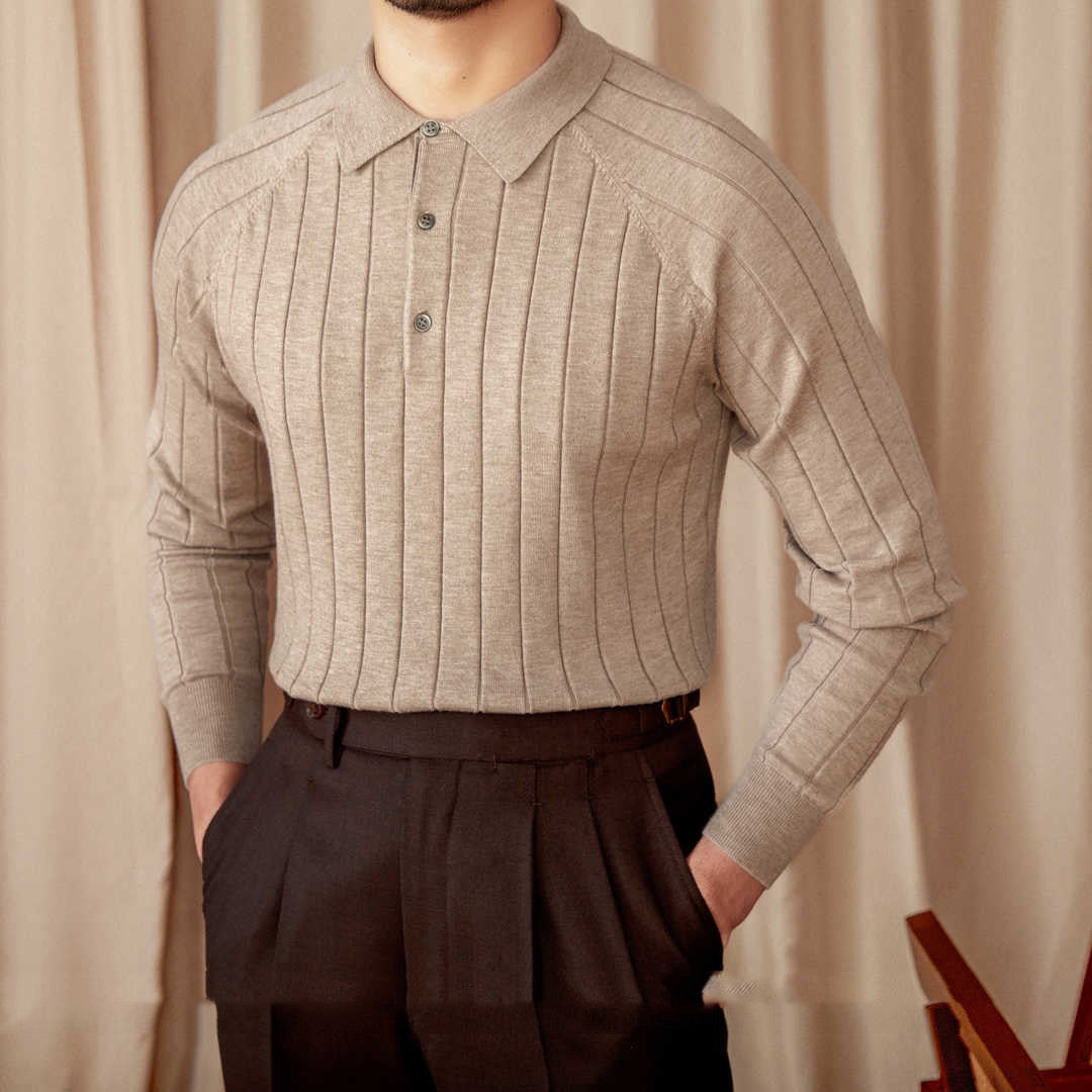 Rome Pleated Wool Silk Blend Long Sleeve Polo Shirt