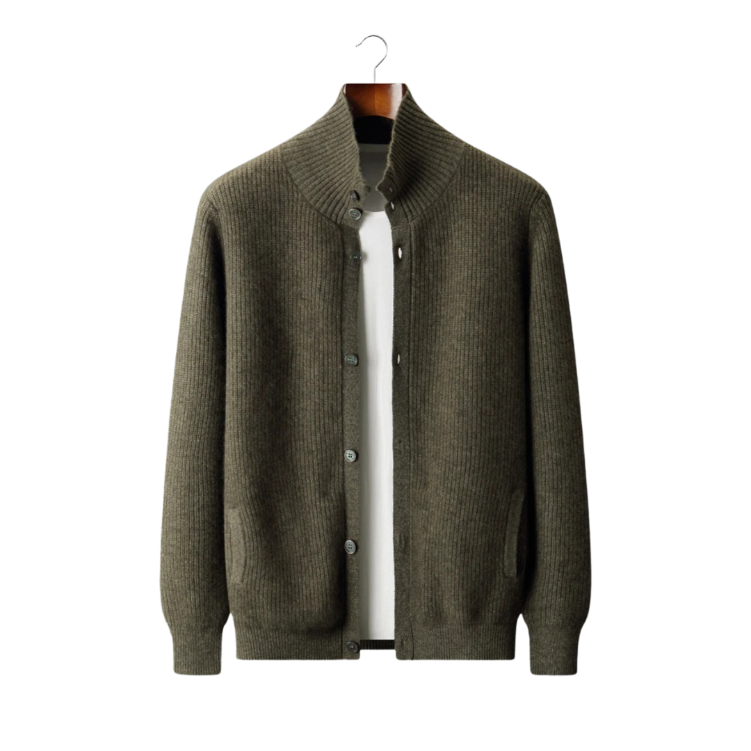 100% CASHMERE RIBBED HIGH COLLAR CARDIGAN