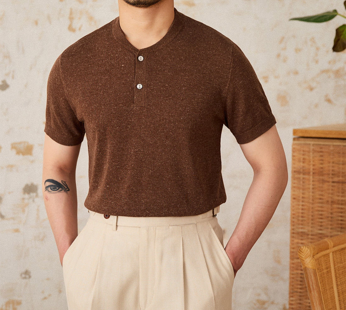 Linen Blend Henley Knit Short Sleeve T Shirt