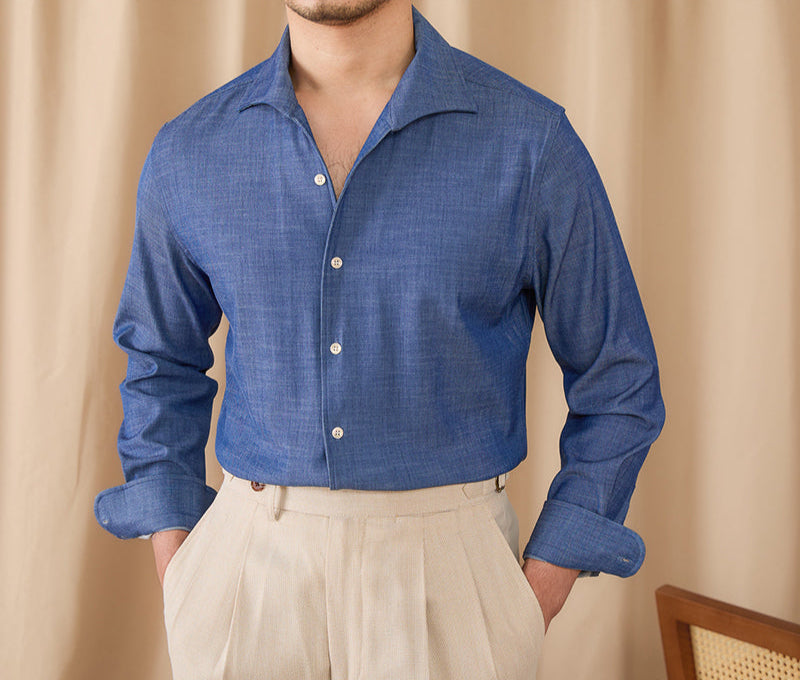 Drape Denim One Piece Collar Long Sleeve Shirt