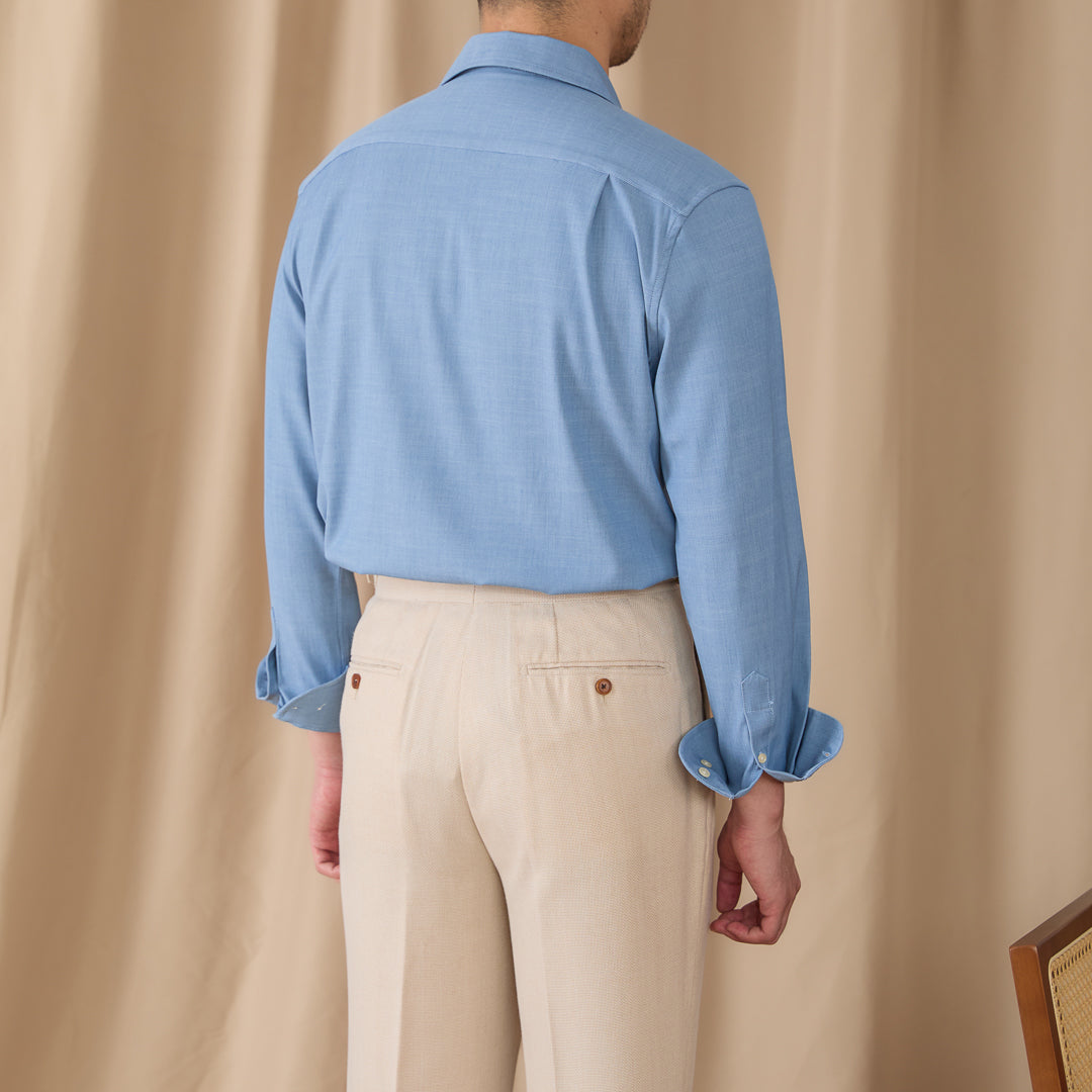 Drape Denim One Piece Collar Long Sleeve Shirt