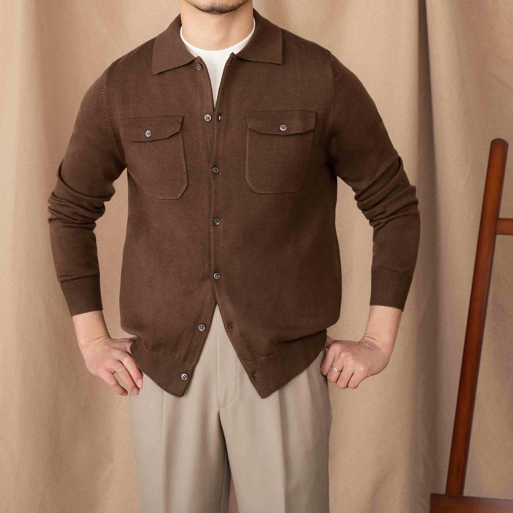 Chest Pocket Wool Blend Long Sleeve Knitted Cardigan