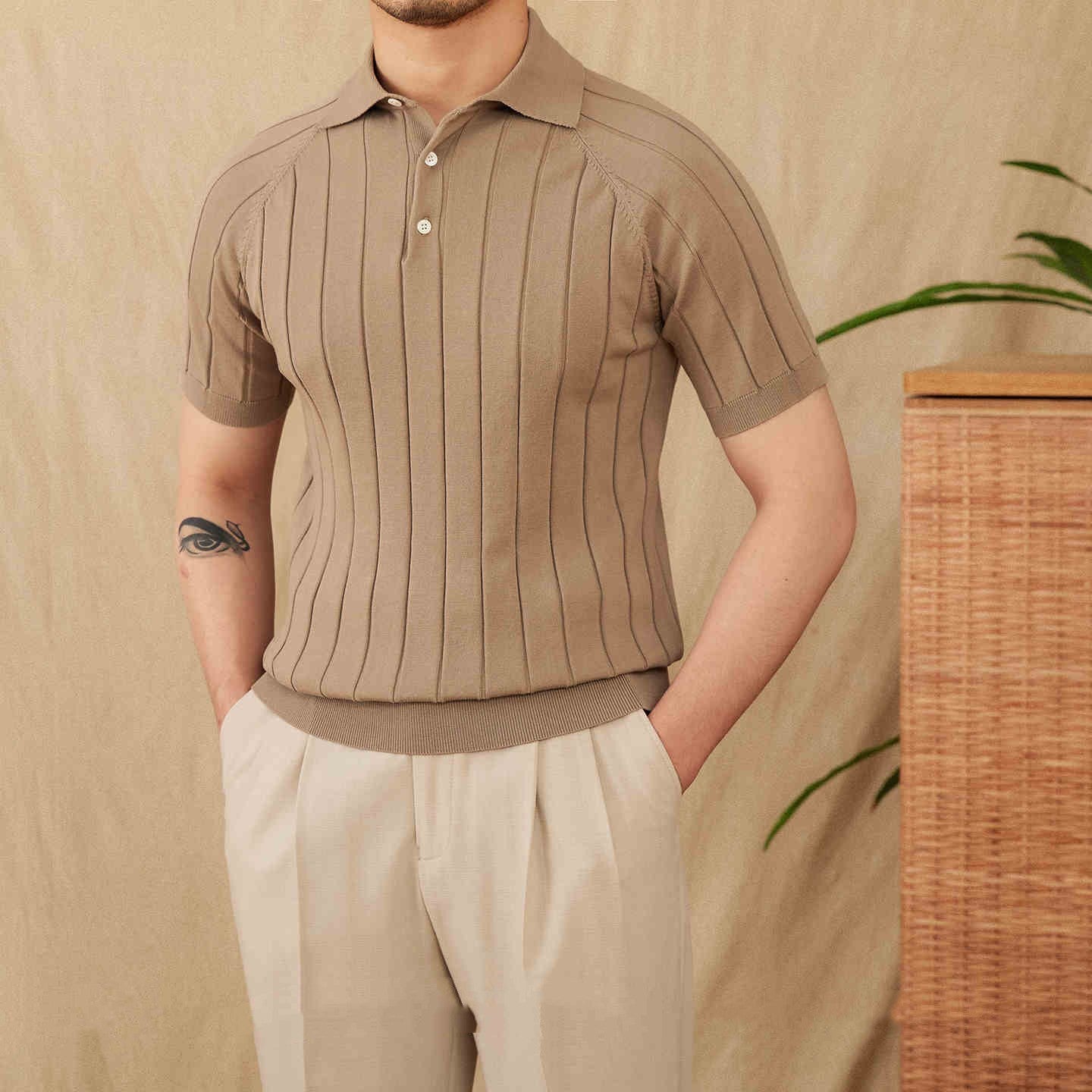 St. Barts Pleated Cotton Blend Short Sleeve Polo Shirt