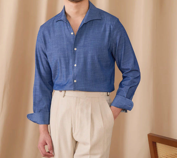 Drape Denim One Piece Collar Long Sleeve Shirt