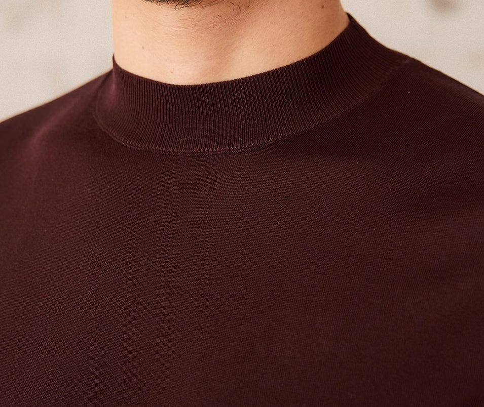 Basic Mock Neck Silk Blend Knit T-Shirt
