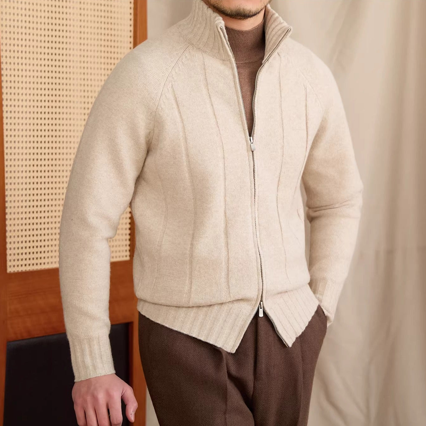 Dolomites Ribbed High Collar Wool Blend Cardigan