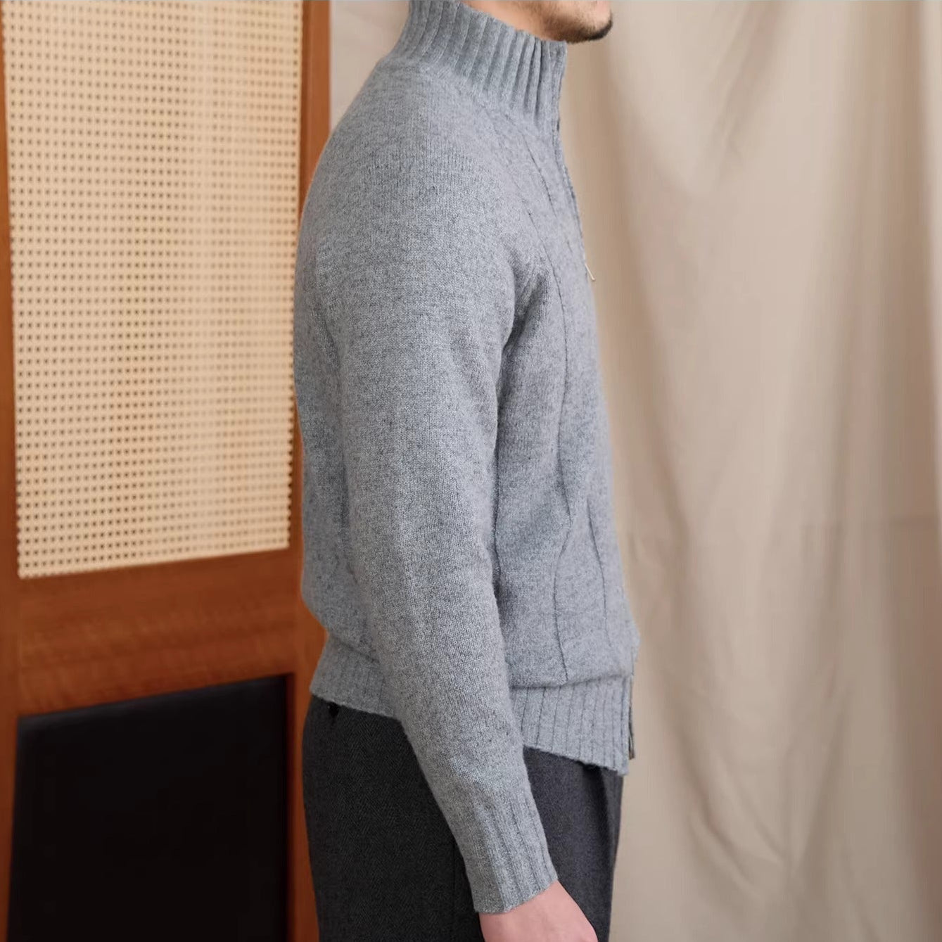 Dolomites Ribbed High Collar Wool Blend Cardigan
