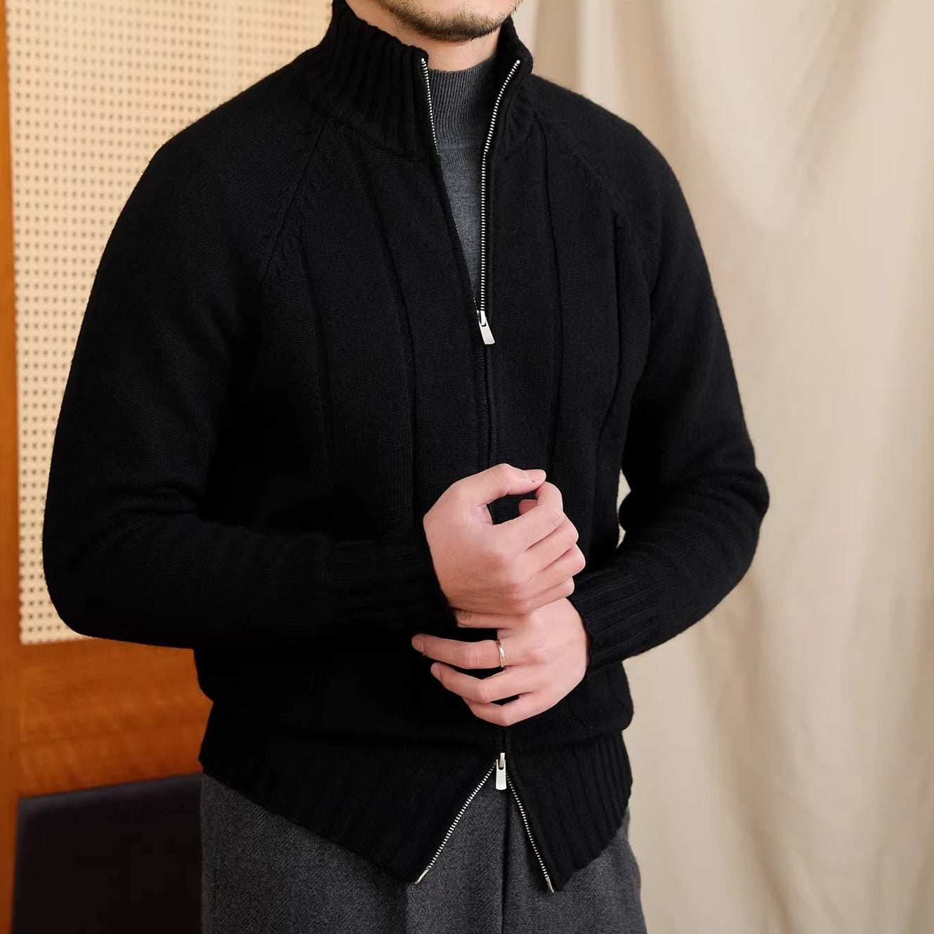 Dolomites Ribbed High Collar Wool Blend Cardigan