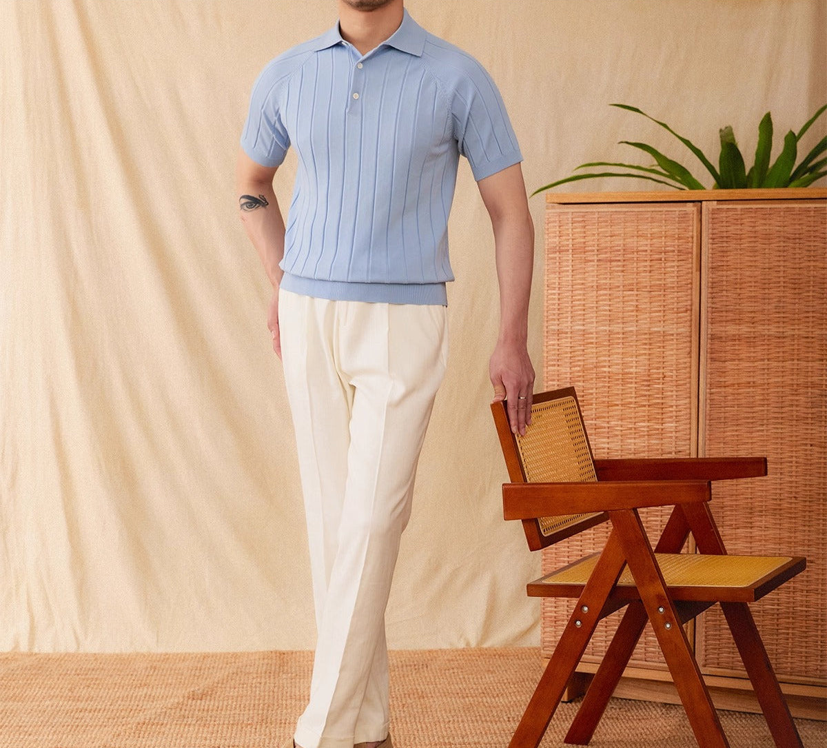 St. Barts Pleated Cotton Blend Short Sleeve Polo Shirt