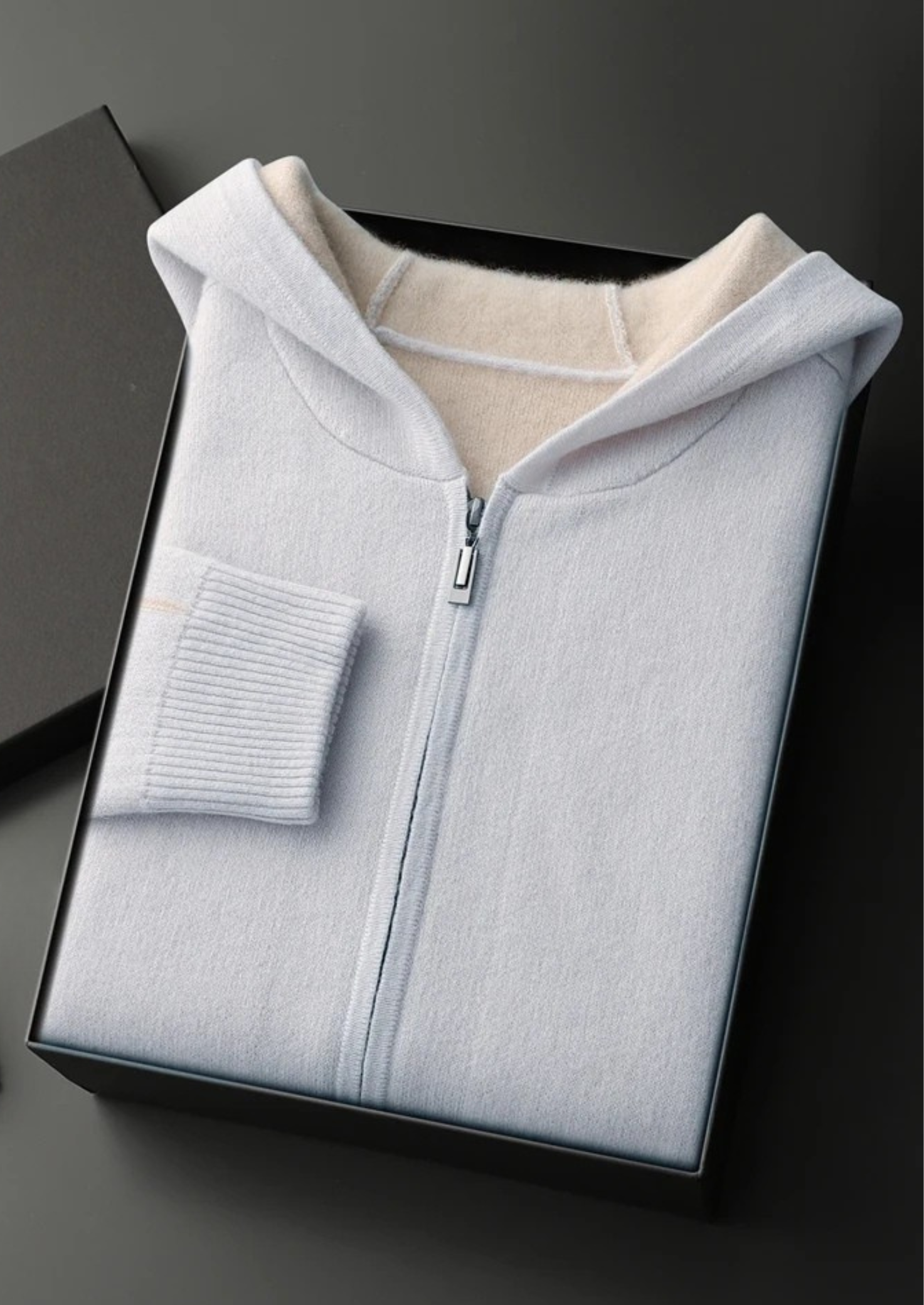 100% CASHMERE TWO -TONE ZIPPER HOODIE