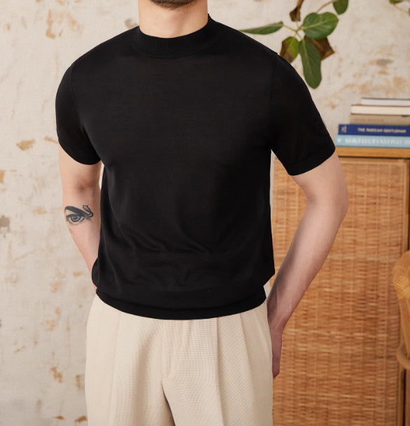 Basic Mock Neck Silk Blend Knit T-Shirt