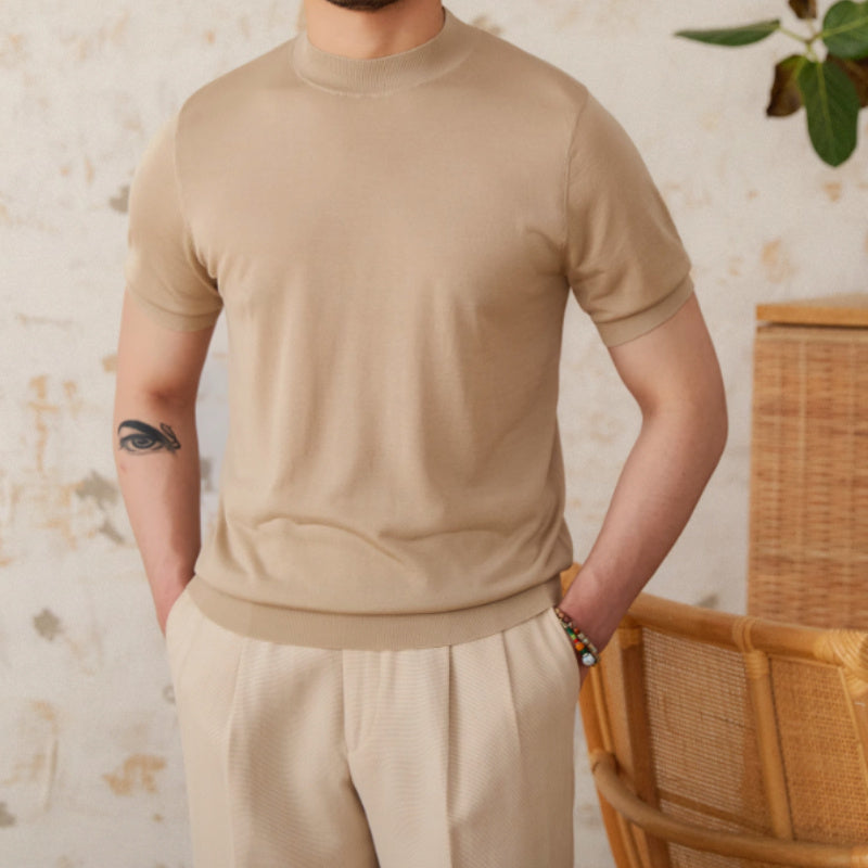 Basic Mock Neck Silk Blend Knit T-Shirt