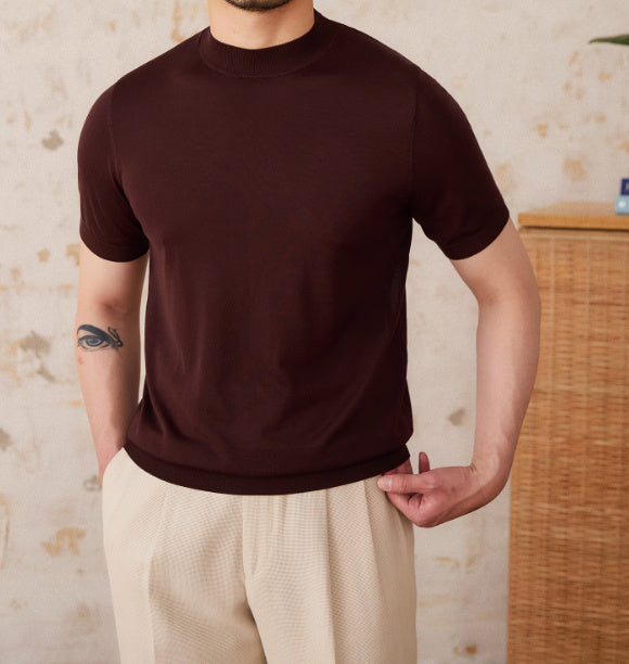 Basic Mock Neck Silk Blend Knit T-Shirt
