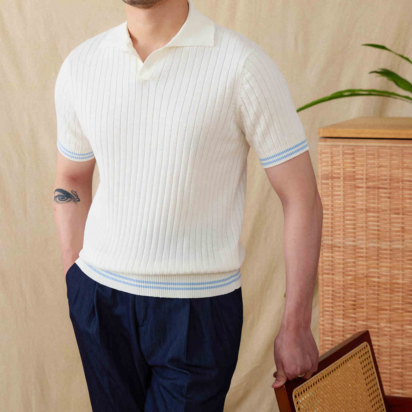 Antibes Ribbed Cotton Blend Short Sleeve Polo Shirt