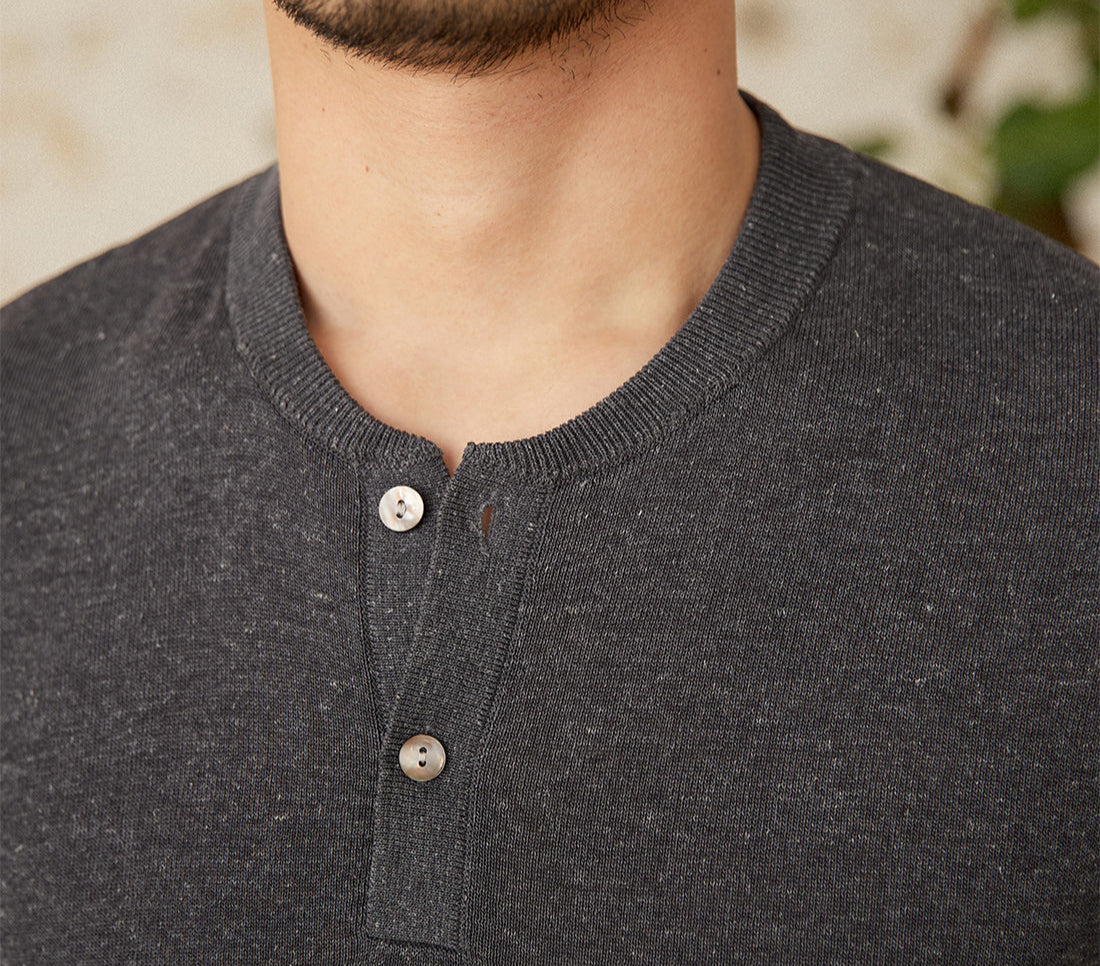 Linen Blend Henley Knit Short Sleeve T Shirt