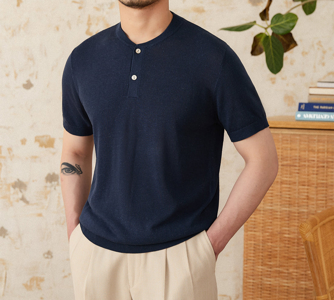 Linen Blend Henley Knit Short Sleeve T Shirt