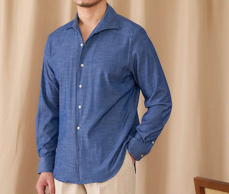 Drape Denim One Piece Collar Long Sleeve Shirt