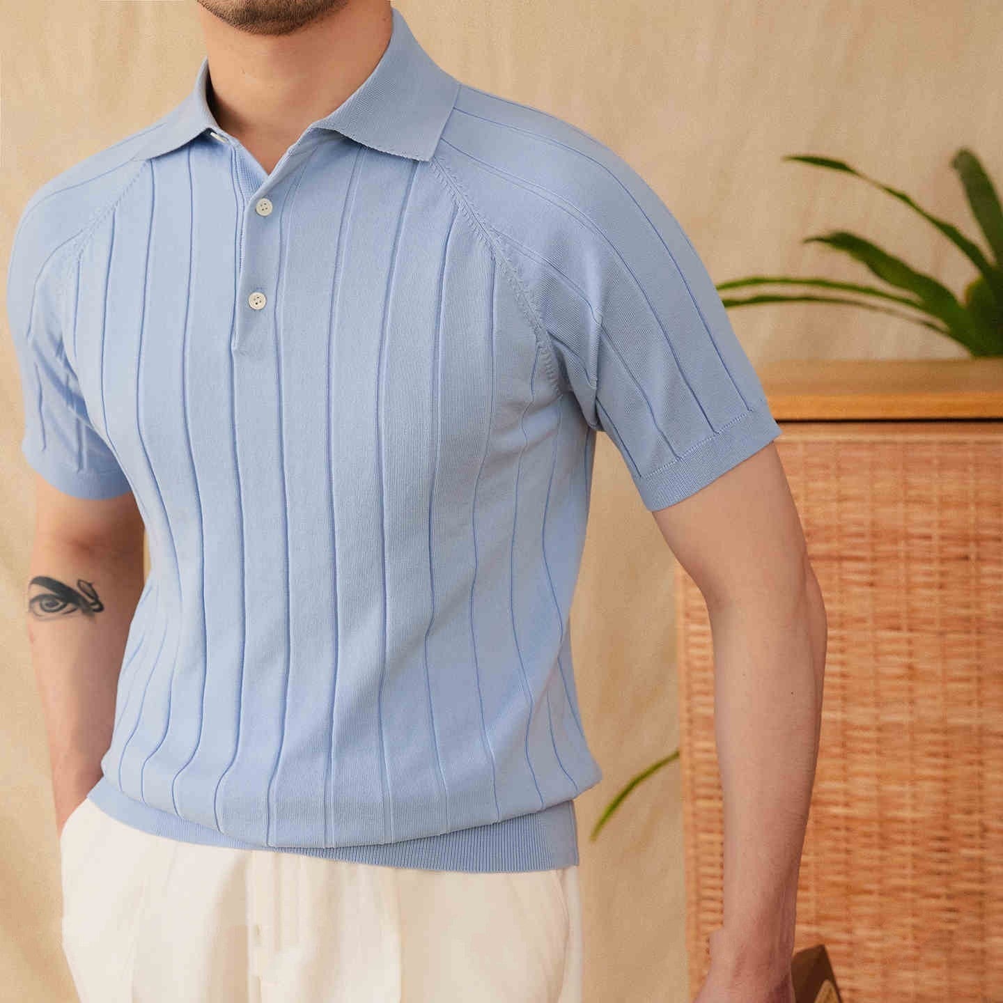 St. Barts Pleated Cotton Blend Short Sleeve Polo Shirt